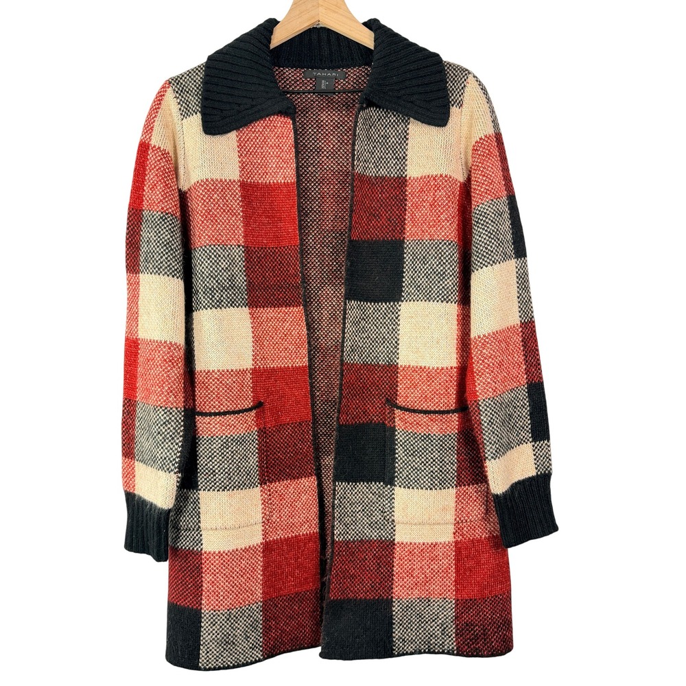 Tahari Womens Red Buffalo Plaid Open Front Cardigan‎ Sweater Large NWT